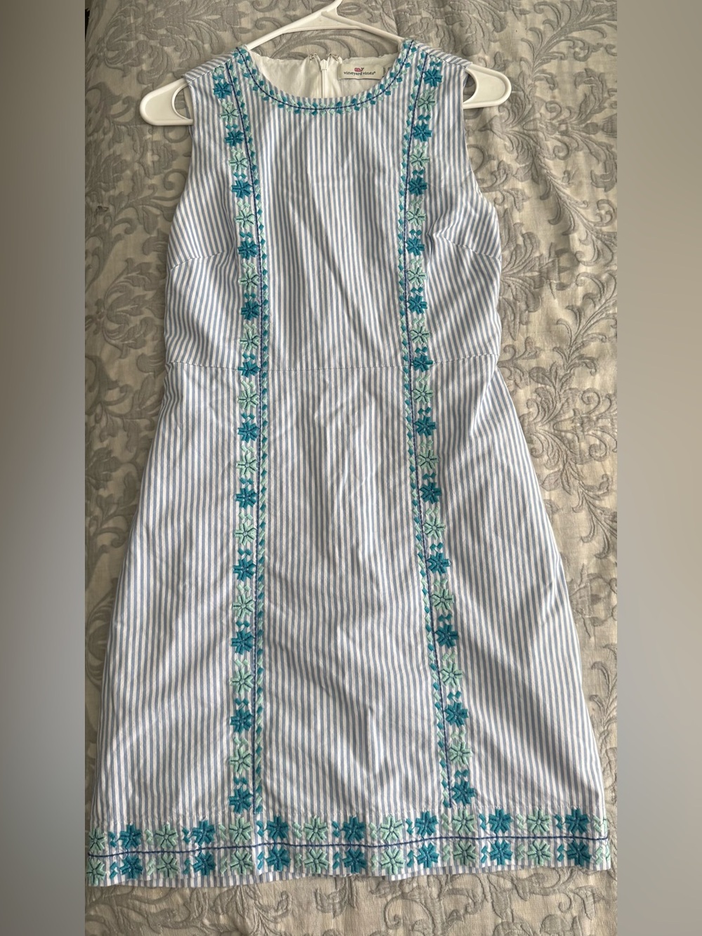 Vineyard Vines Blue and Teal Striped Midi Dress with Floral Embroidery